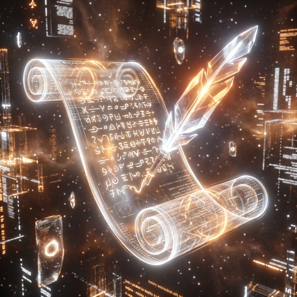 Abstract 3D ancient scroll with glowing text
